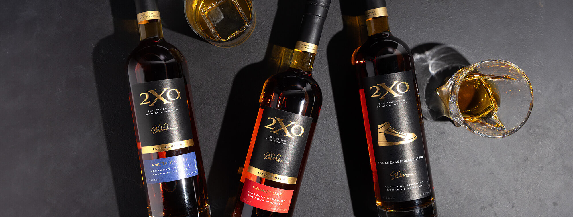 Bottles of 2XO American Oak, French Oak, and Sneakerhead blends