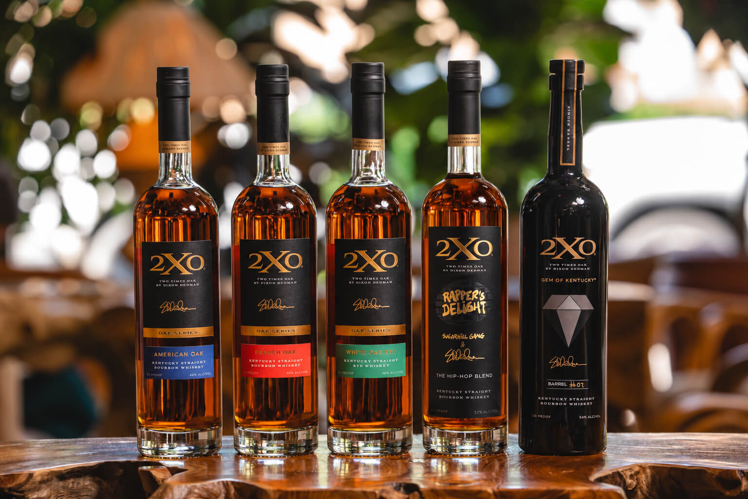 Bottles of 2XO whiskey including the new Rapper's Delight